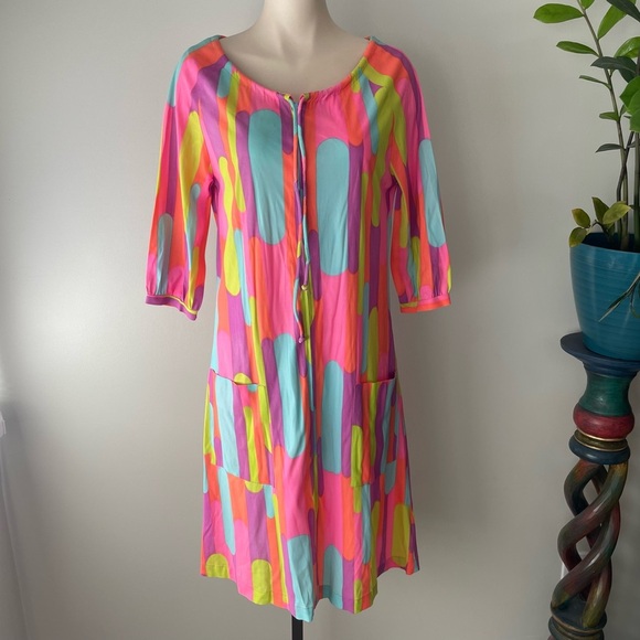 70s Vintage Jane Kinley Funky Retro Psychedelic Mod Front Zip Dress Union Label - Picture 1 of 10